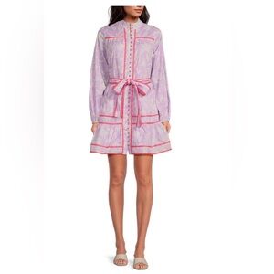 J Marie Long Sleeve Gather Round Lavender Floral Dress with Tie Waist XL